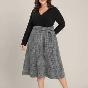 BloomChic Black and White Midi A-Line Dress with Tie Front